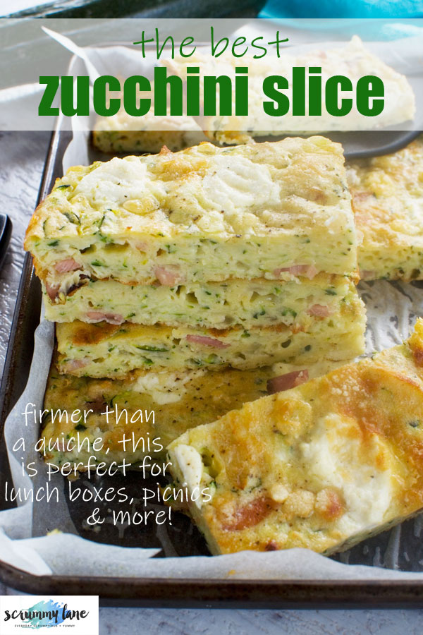 Pinterest image of a stack of zucchini slice on a baking tray