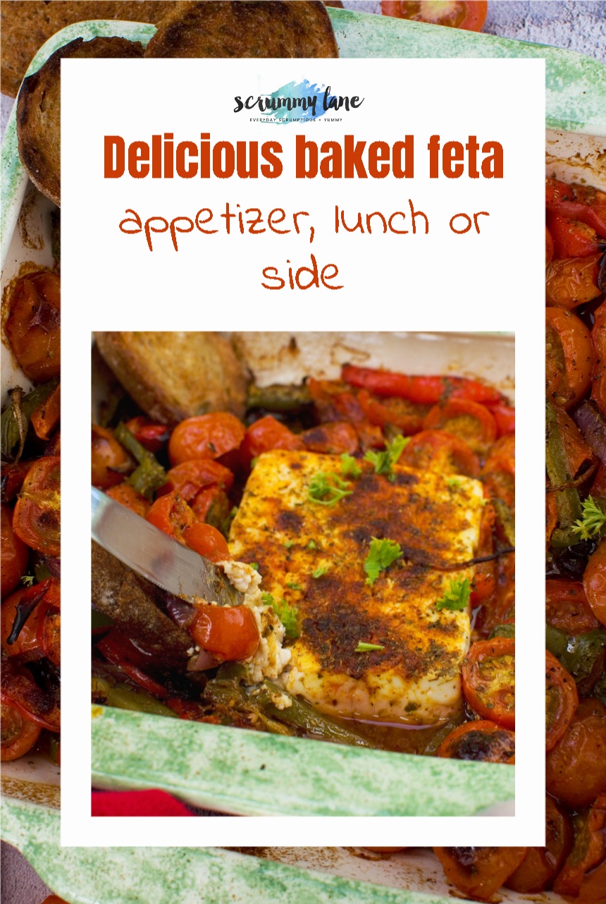 A Pinterest image of a dish of baked feta with tomatoes, peppers and olives with a title on it