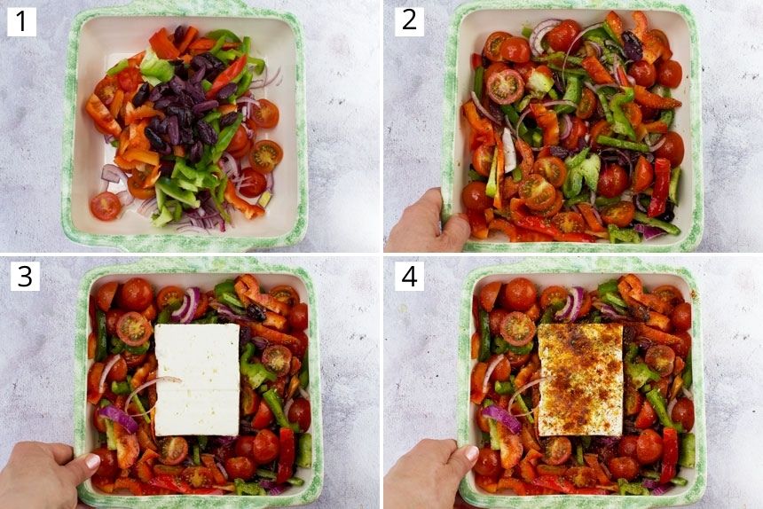 A collage of 4 images showing how to assemble baked feta with tomatoes, peppers and olives for the oven