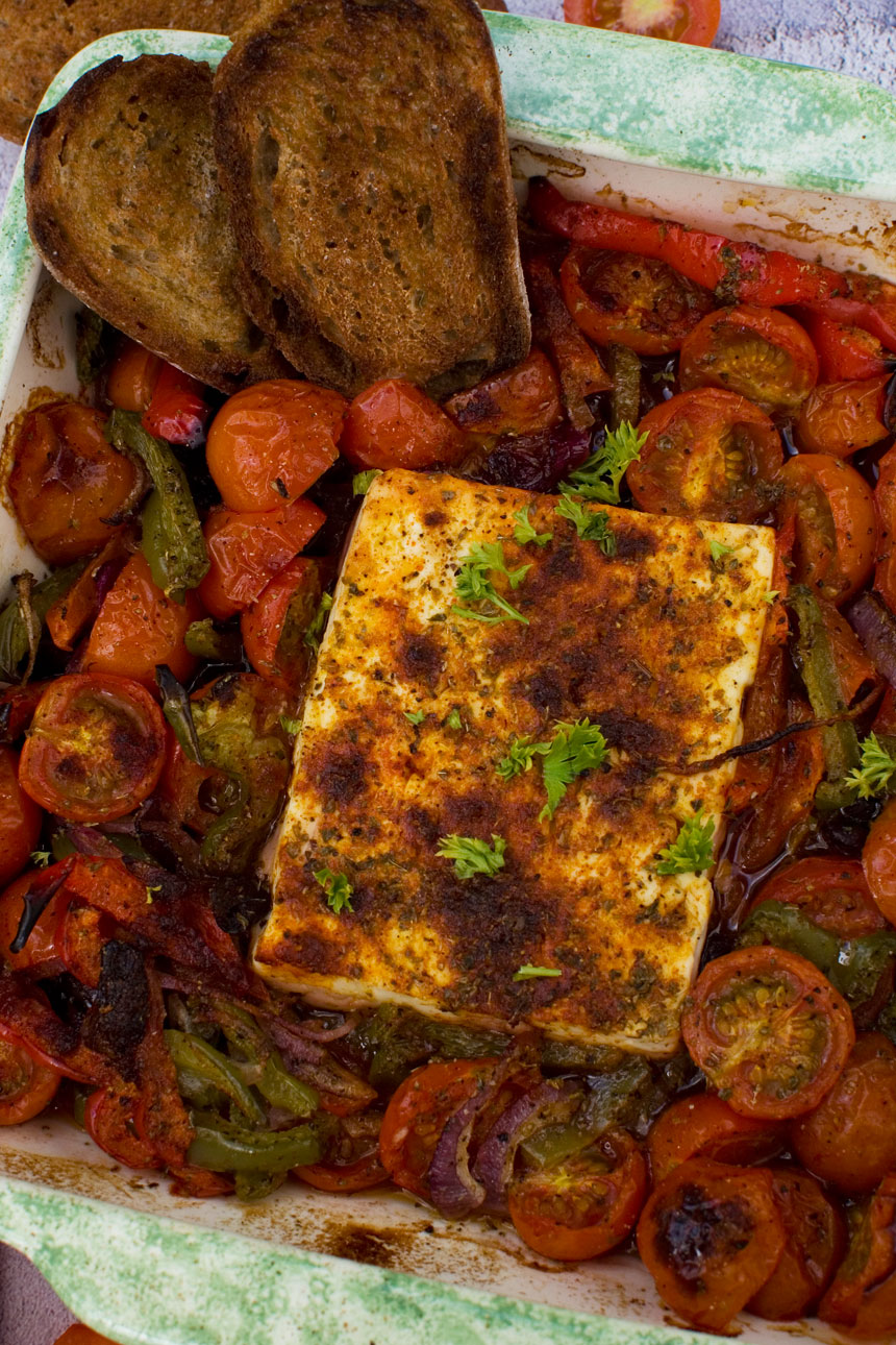Our favorite baked feta with tomatoes, peppers and olives-image