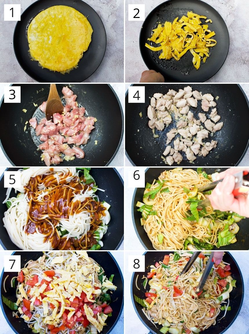 A collage showing how to make mee goreng or spicy Indonesian noodles (1-2: cooking egg, 3-4: cooking the chicken, 5-8: adding the sauce and other ingredients)