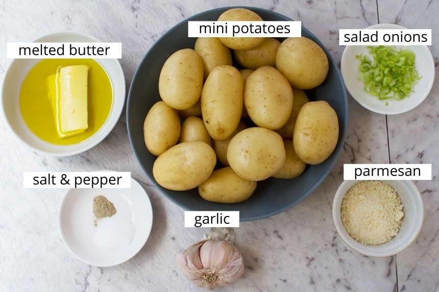 Ingredients to make mini parmesan garlic hasselback potatoes