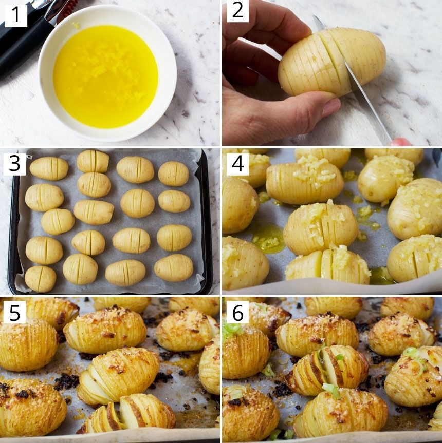 Collage of images showing how to make mini hasselback potatoes