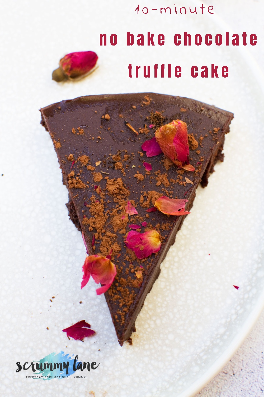 Slice of no bake chocolate truffle cake from above with title text on it