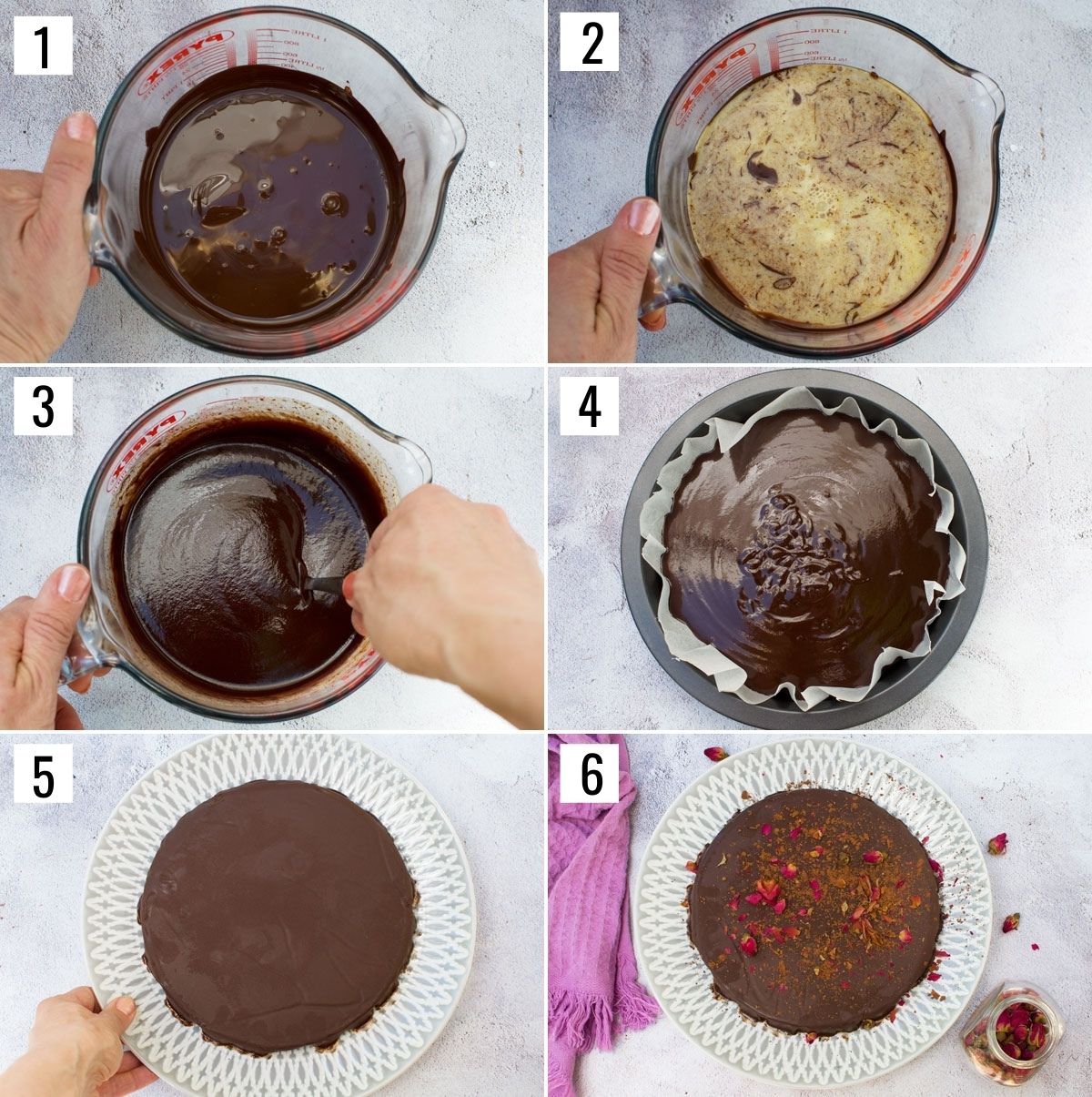 Series of 6 process images showing how to make a no bake chocolate truffle cake: Melt chocolate, add warm cream and butter to it, Add salt and rosewater and stir, pour into baking pan, let set in fridge, decorate with rose buds.