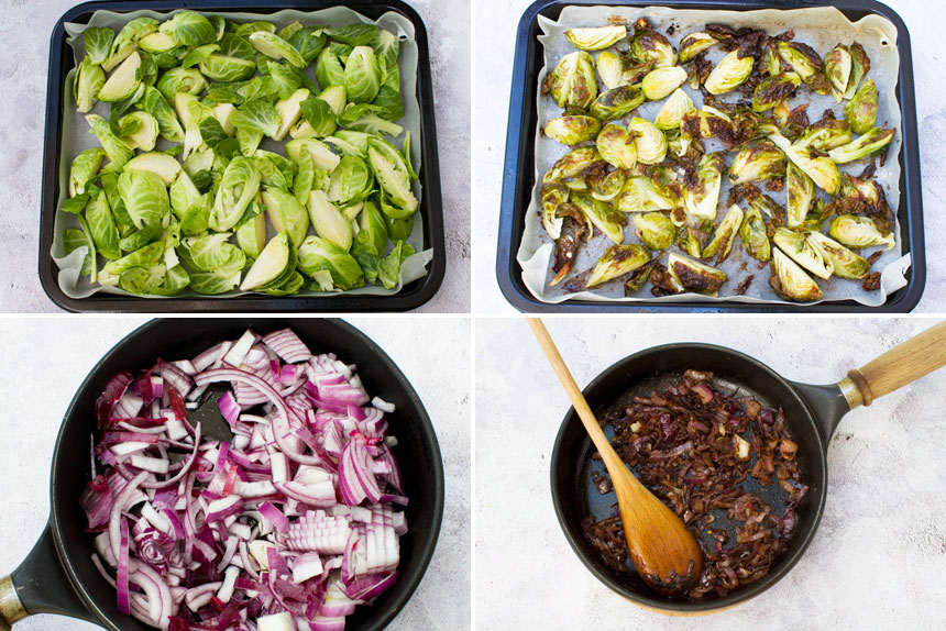 A collage of 4 process shots showing how to make honey balsamic brussels sprouts with pine nuts and feta