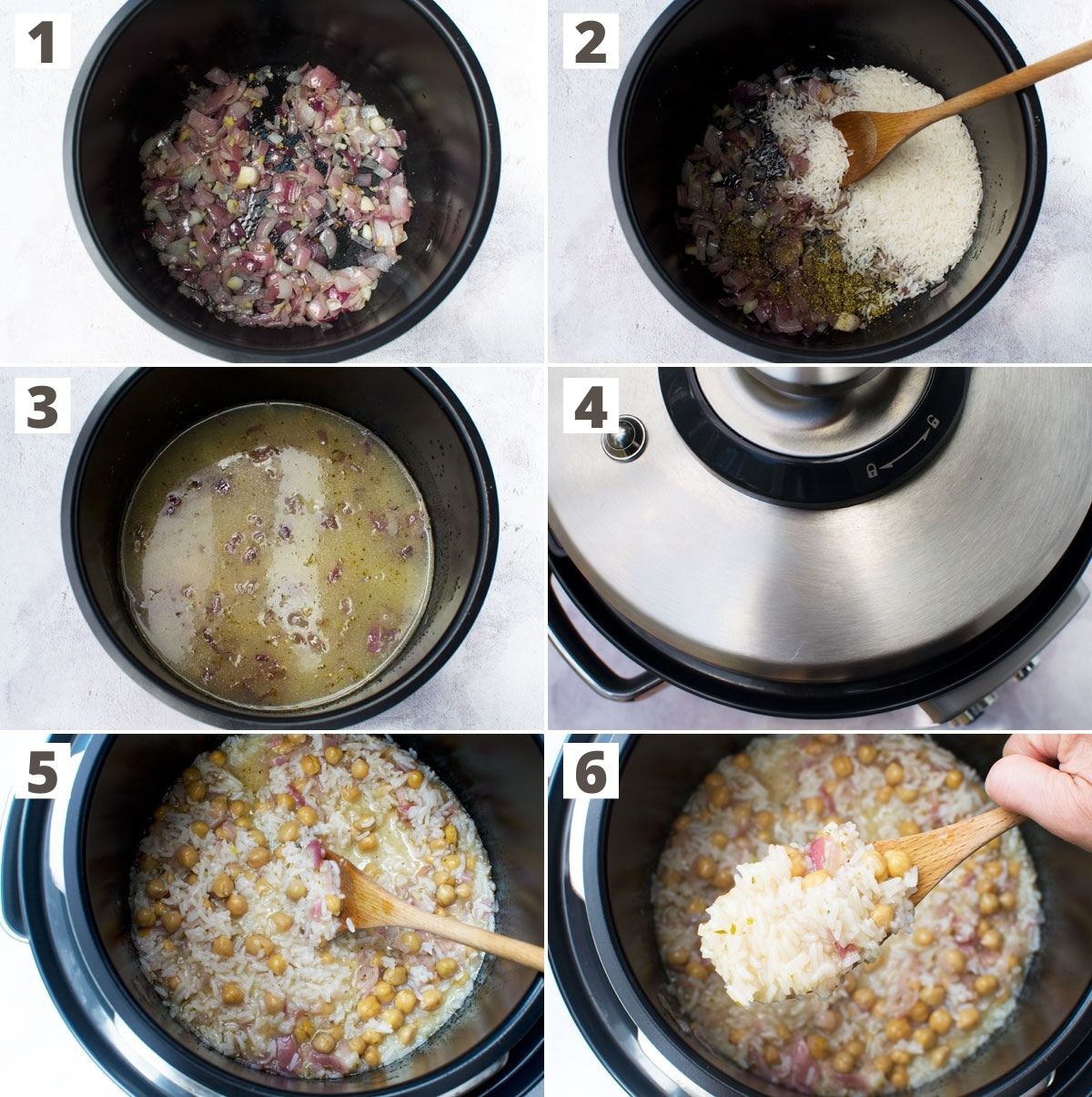 6 images showing how to make Mediterranean rice with chickpeas