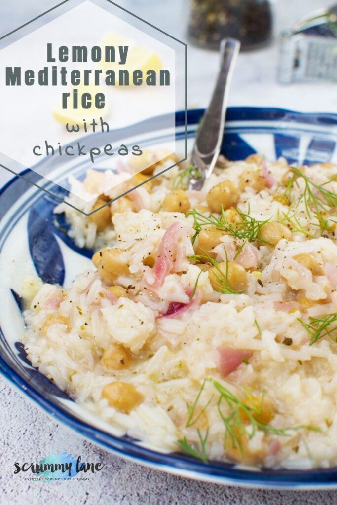 A plate of lemony Mediterranean rice with chickpeas with text on it for Pinterest
