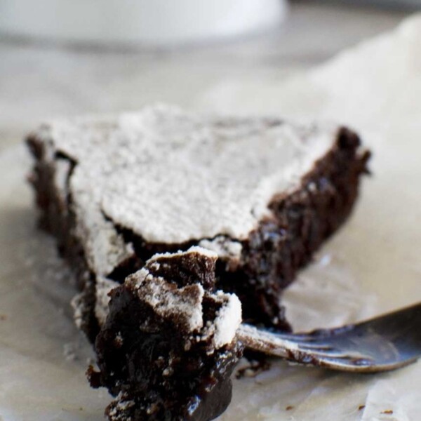 Slice of 6-ingredient swedish chocolate cake with a fork