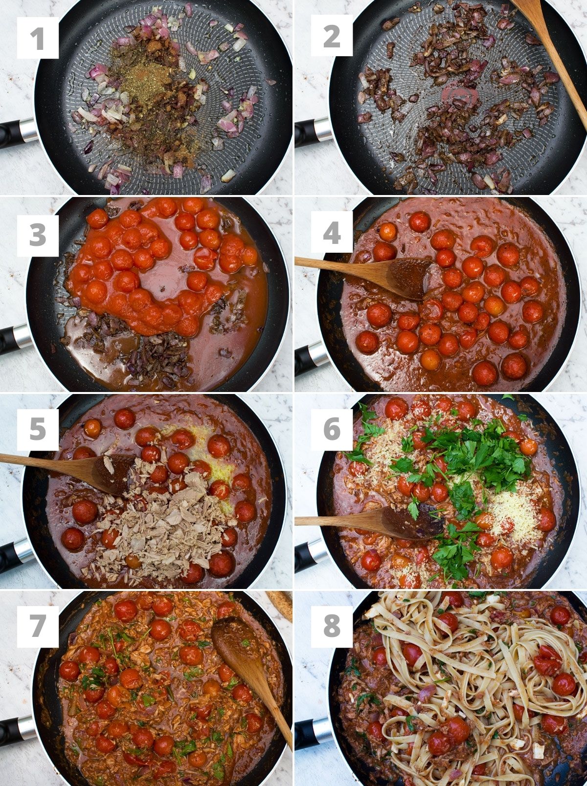 A numbered collage of 8 photos showing how to make lemony tuna spaghetti. Photos show cooking onions with spices, adding tomatoes and simmering, then adding the rest of the ingredients including the pasta to the pan