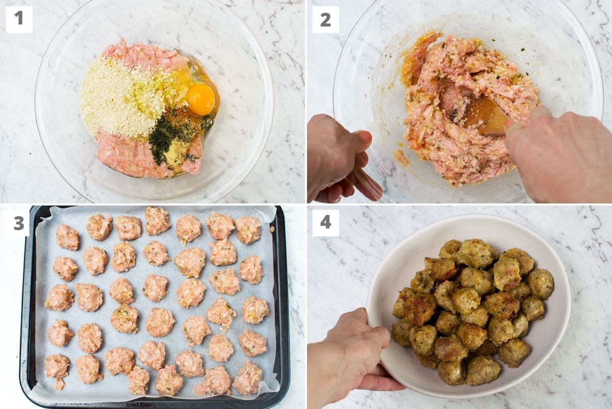 How to make air fryer Greek meatballs in 4 images: mix together ground meat, crumbs, an egg and spices, mix together, roll into bite-sized balls, and a dish of the finished meatballs