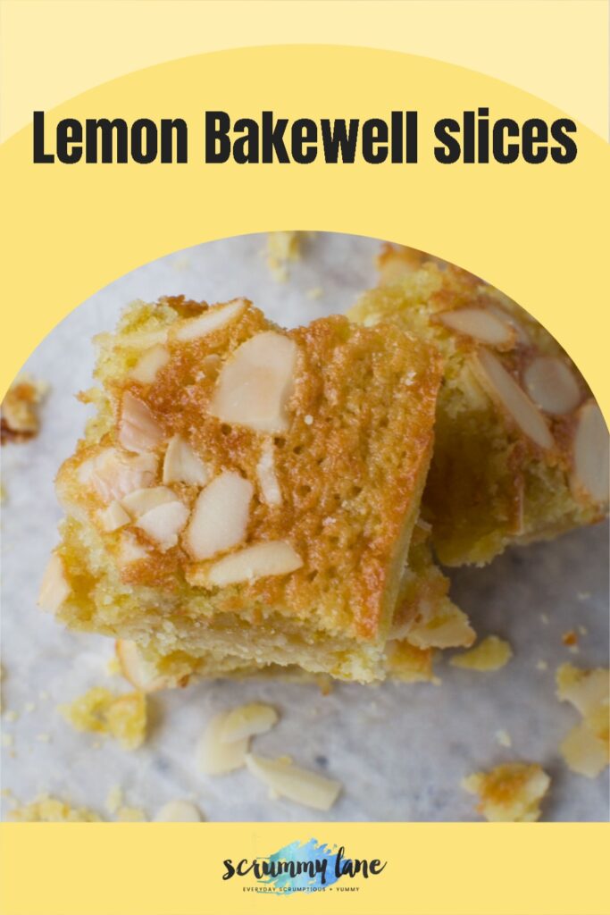 Lemon bakewell slices on top of each other from above, in a lemon coloured setting with a title on it for Pinterest