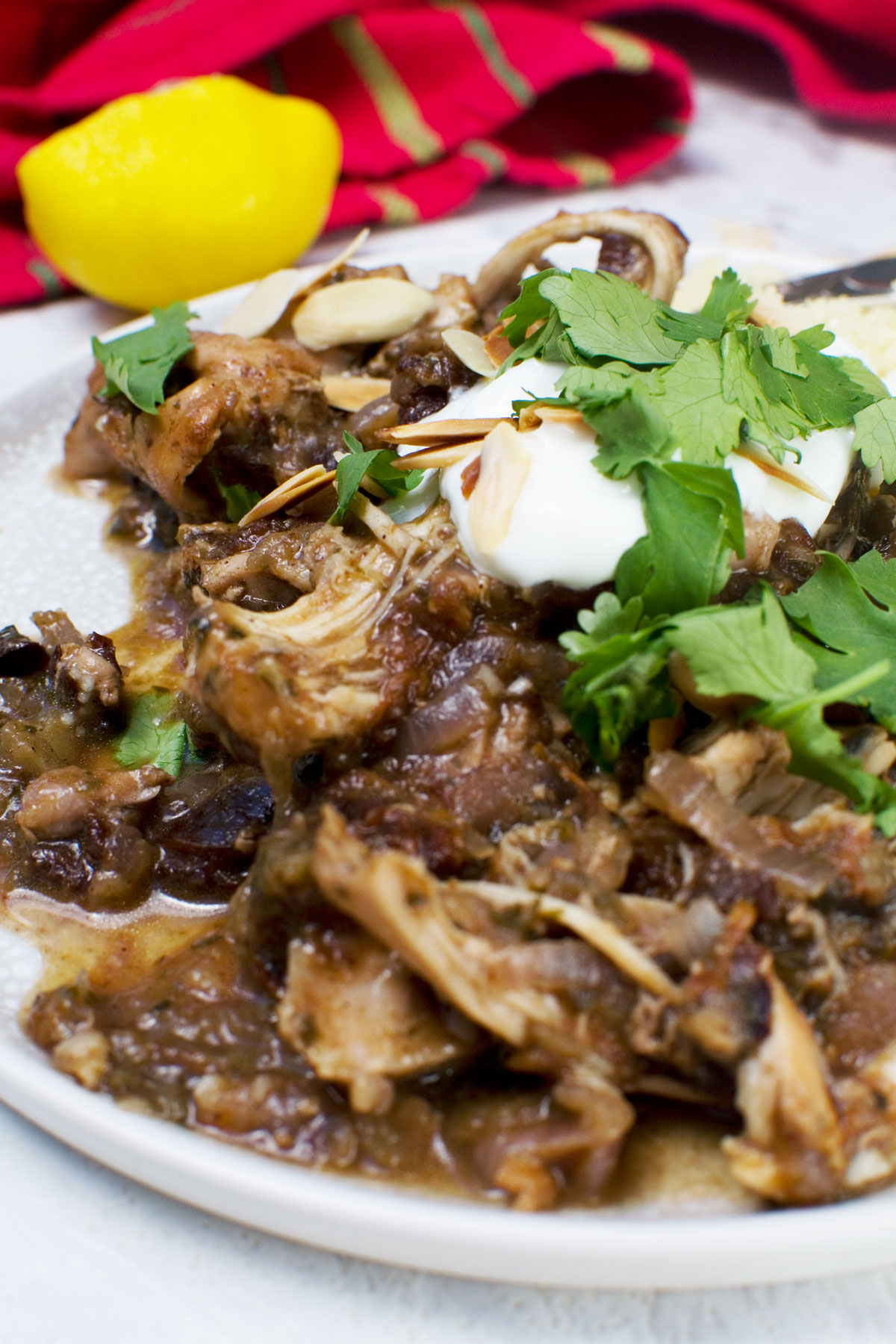 A close up plate of Moroccan chicken stew with yogurt and coriander on top - there's a red striped tea towel and a lemon in the background