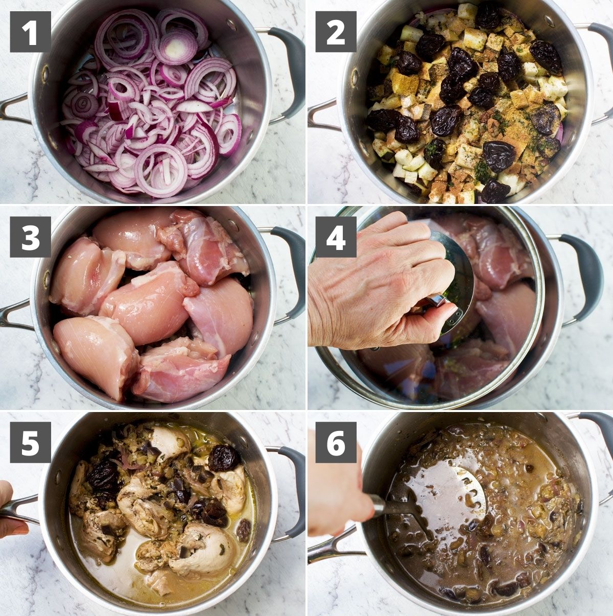 A series of 6 images showing how to make a Moroccan chicken stew on the stovetop