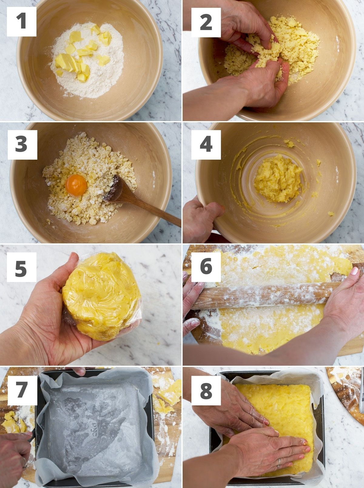 8 process shots showing how to make the pastry for lemon bakewell slices