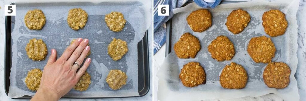 2 images side by side showing Anzac biscuits on a baking tray before and after baking