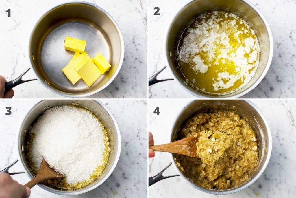 A collage of 4 images showing how to make Anzac biscuit dough