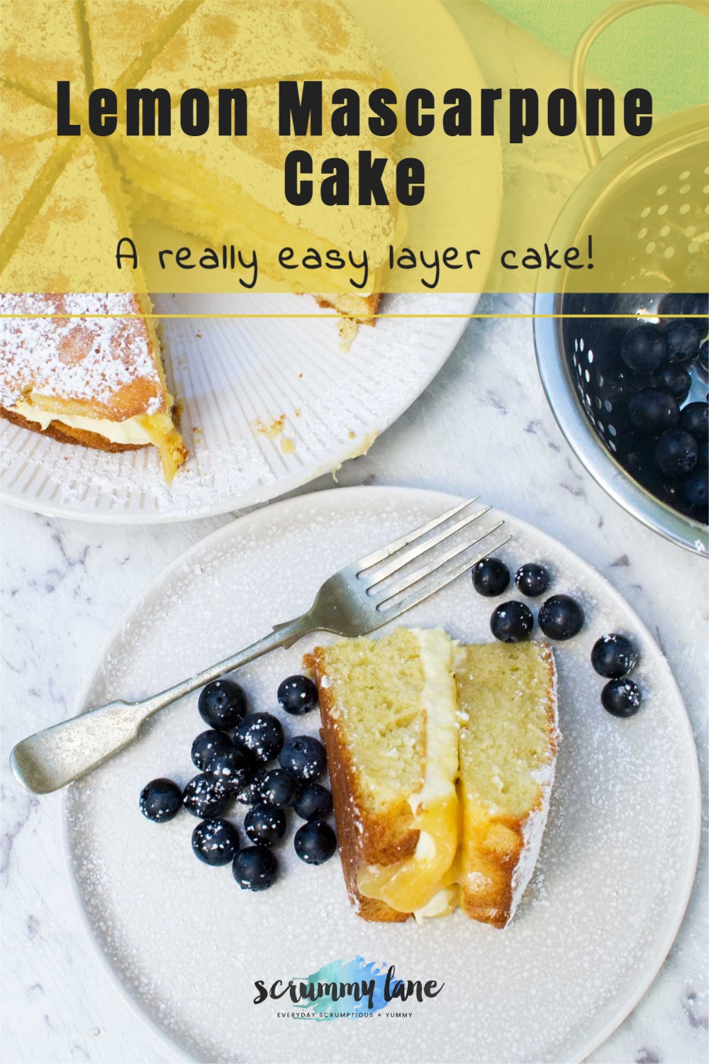 A piece of lemon mascarpone cake from above with a title on for Pinterest