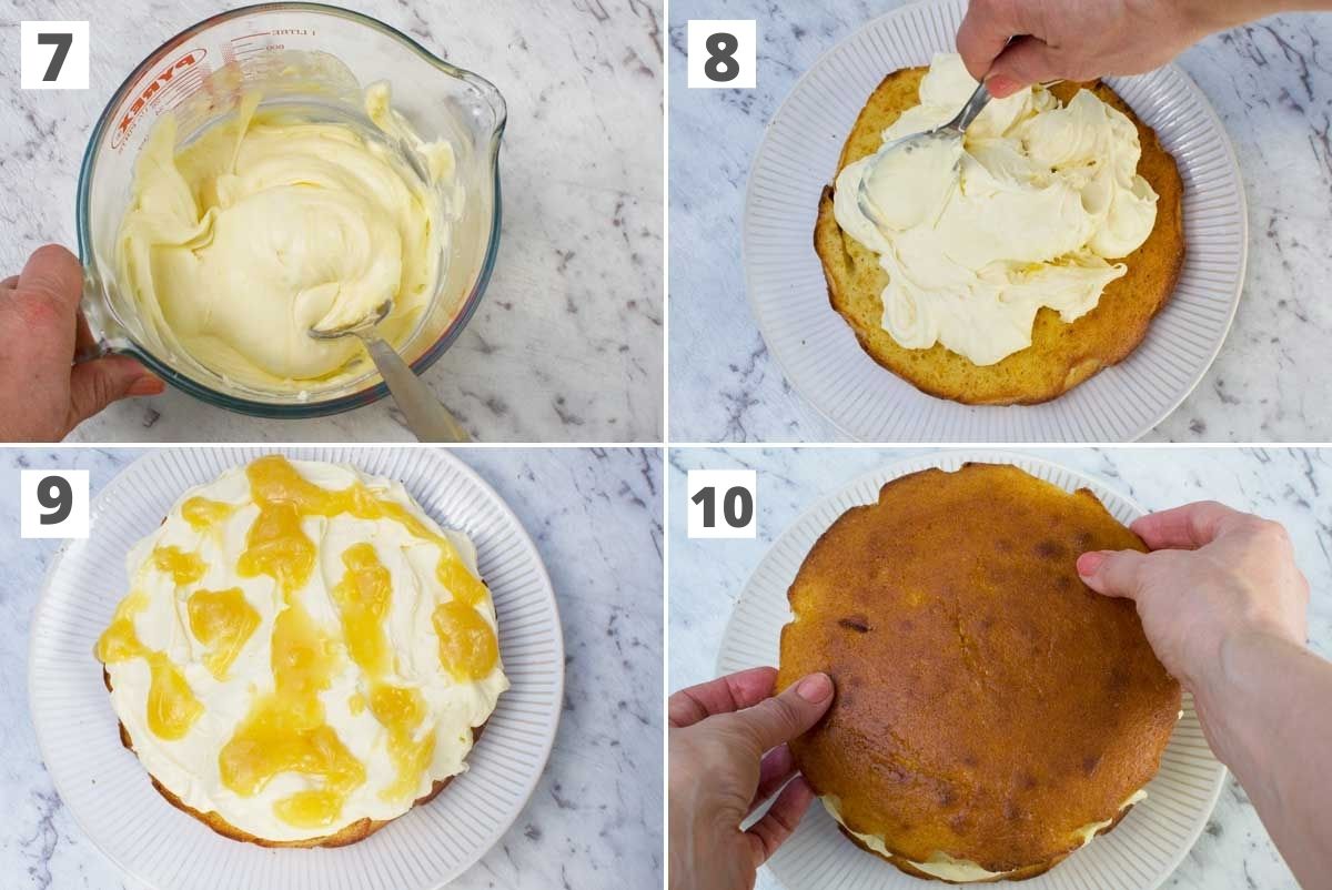 A collage of 4 photos showing how to assemble a lemon mascarpone cake