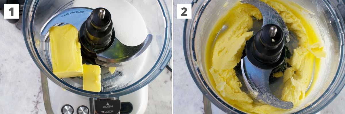 A collage of two images showing mixing butter and sugar in a food processor