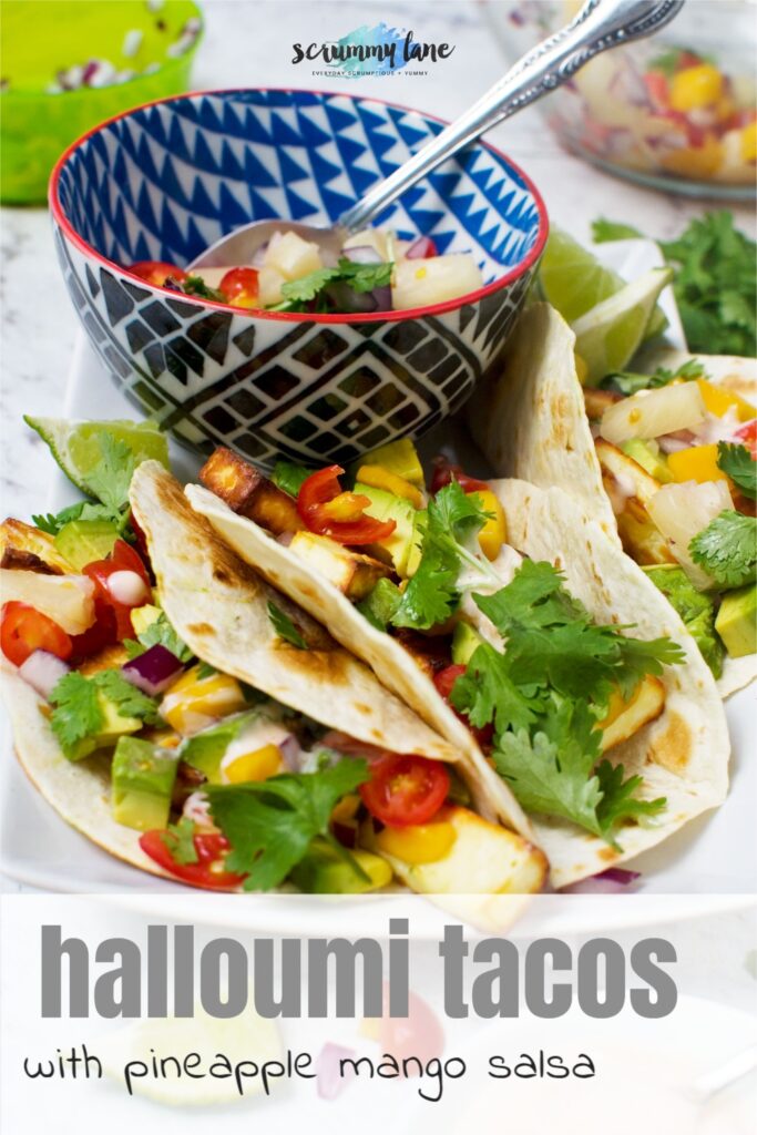 3 halloumi tacos with pineapple mango salsa from above with a title on for Pinterest