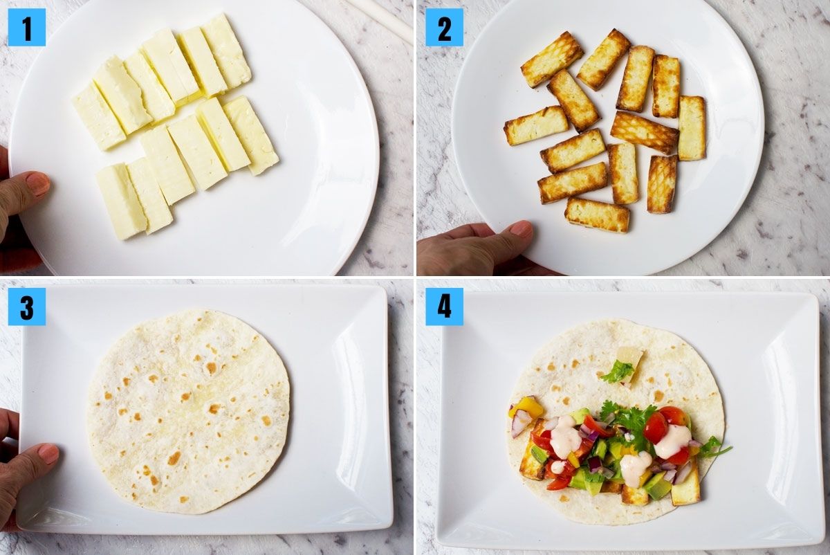 4 images showing how to assemble halloumi tacos with pineapple mango salsa