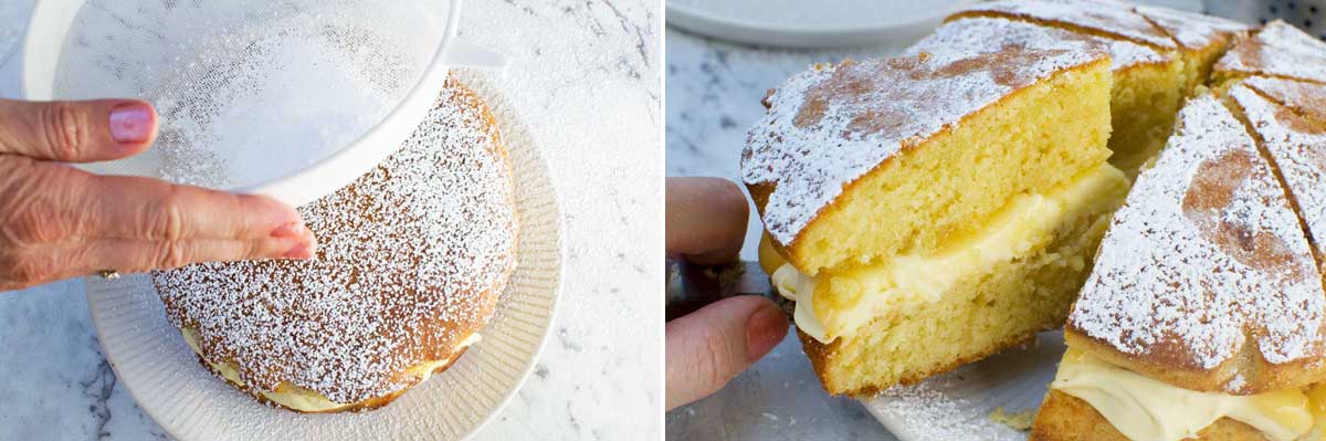 2 images side by side of someone sprinkling icing sugar over a cake and then taking a slice out of the whole cake.