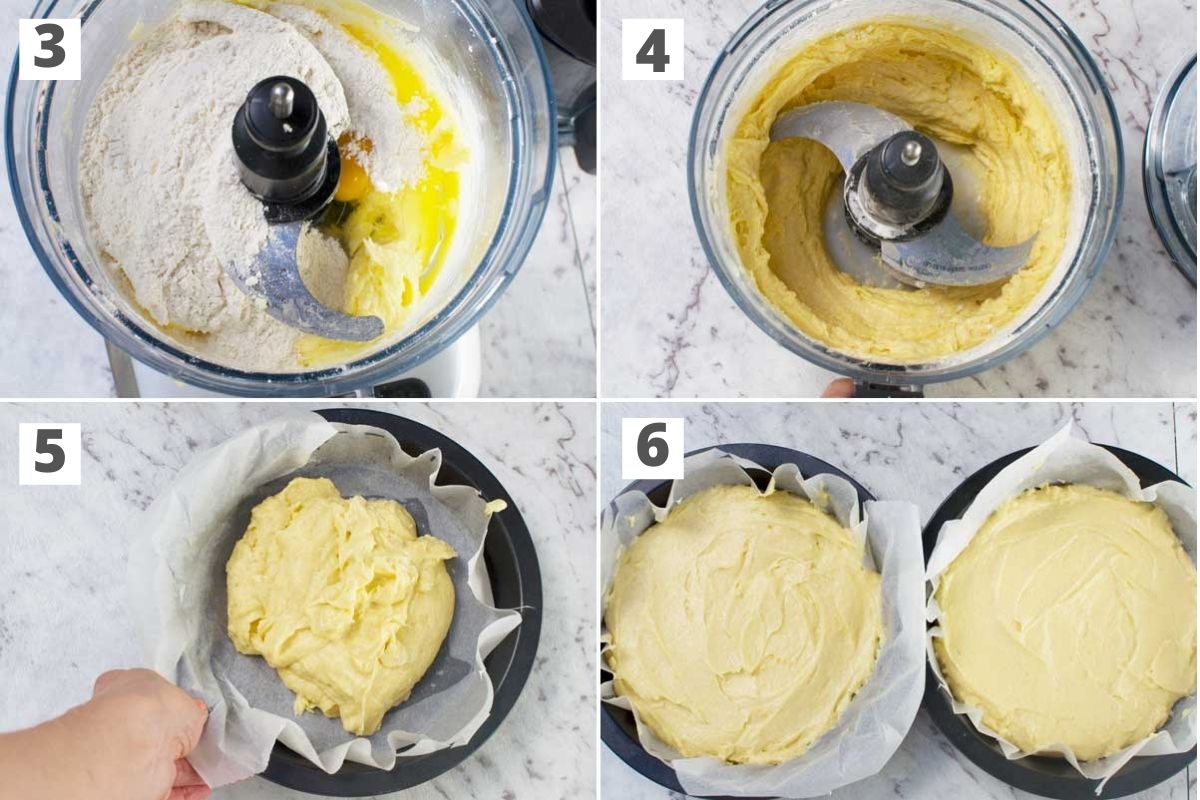 A collage of 4 images showing how to make an all-in-one vanilla cake in a food processor