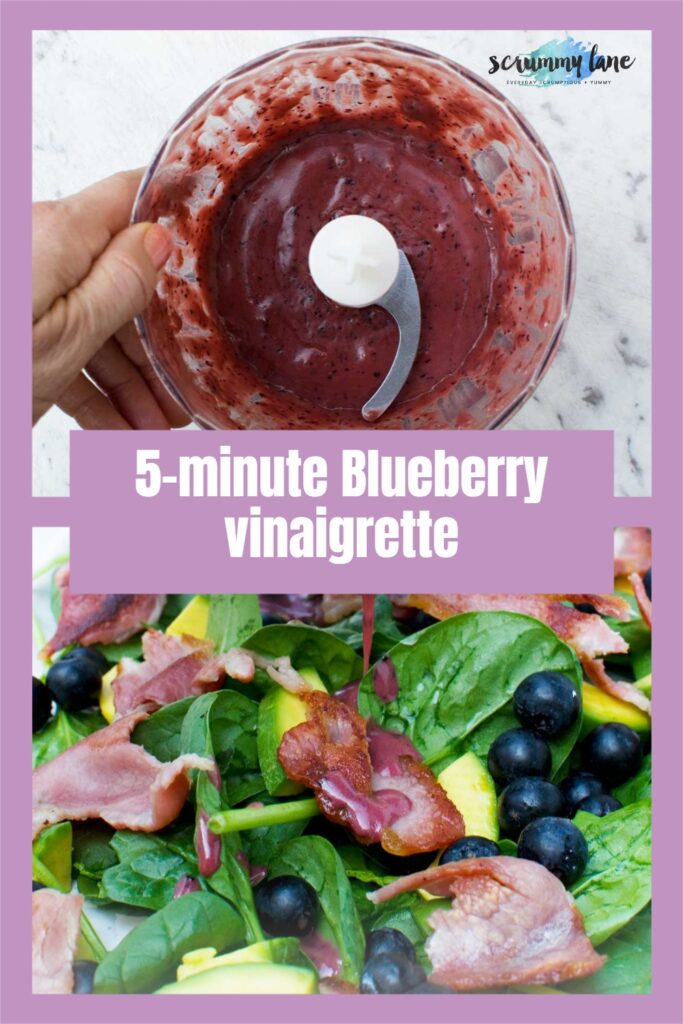 2 images one above the other showing blueberry vinaigrette in a food processor and on a salad with a title in the middle