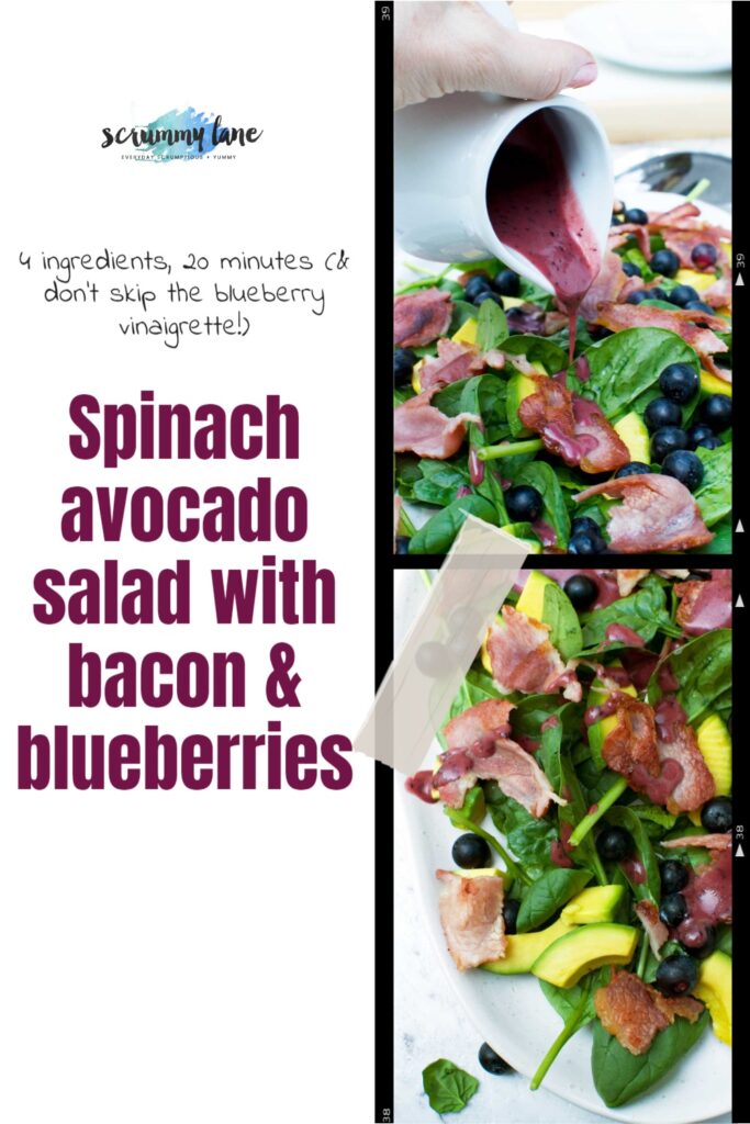 2 images of a spinach avocado salad with bacon and blueberries with a title to the left - image is for Pinterest