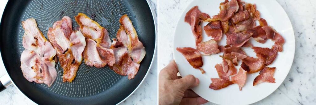 2 images showing cooked bacon in a pan and then ripped up on a plate