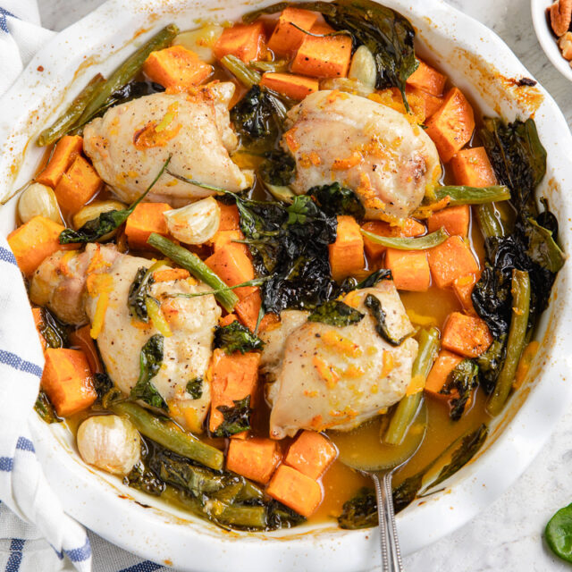 One Pan Baked Chicken And Sweet Potatoes With Maple Orange Sauce Scrummy Lane