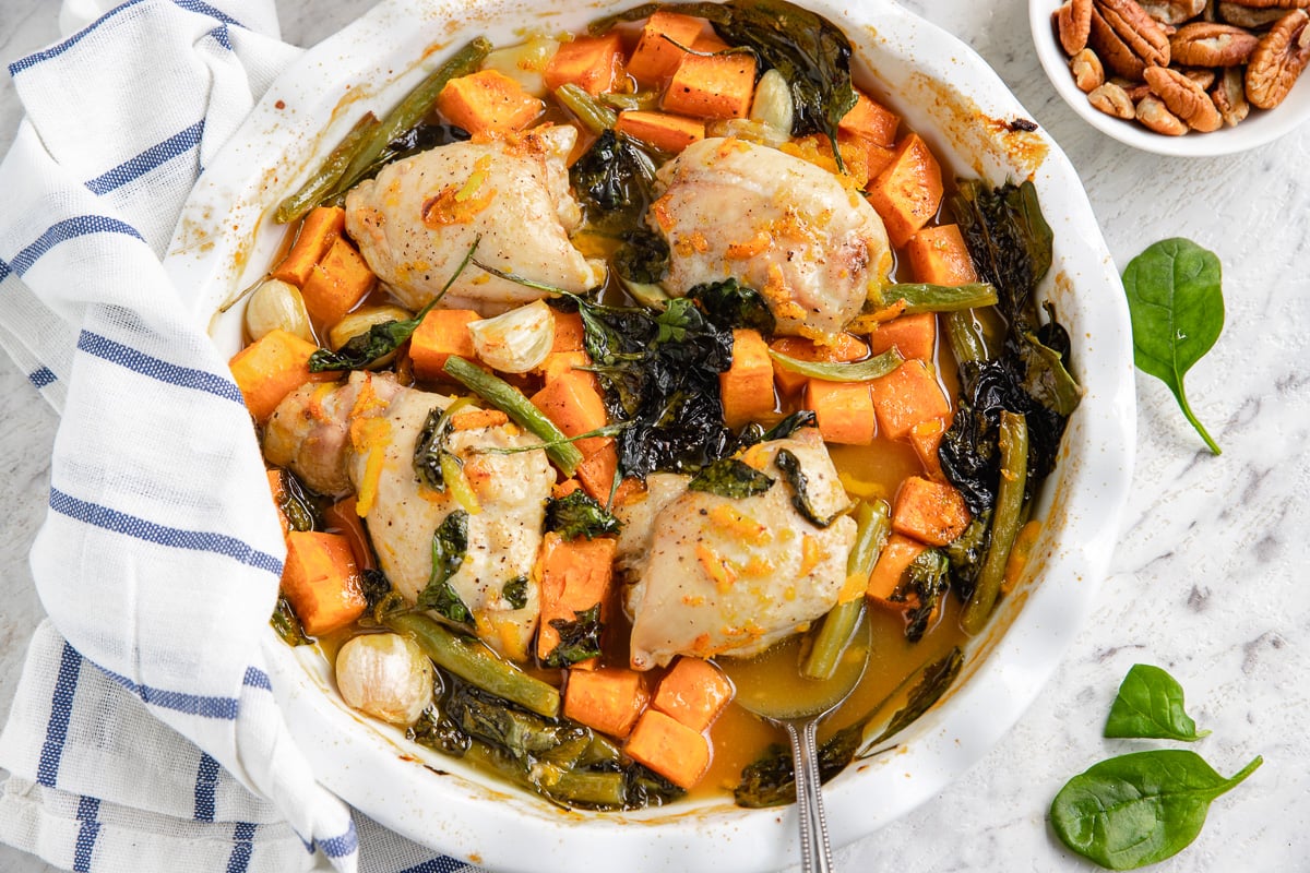 One Pan Baked Chicken And Sweet Potatoes With Maple Orange Sauce