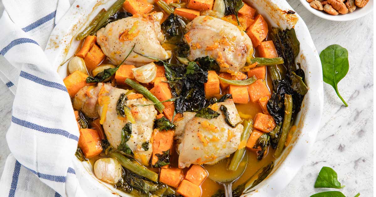 One Pan Baked Chicken And Sweet Potatoes With Maple Orange Sauce ...