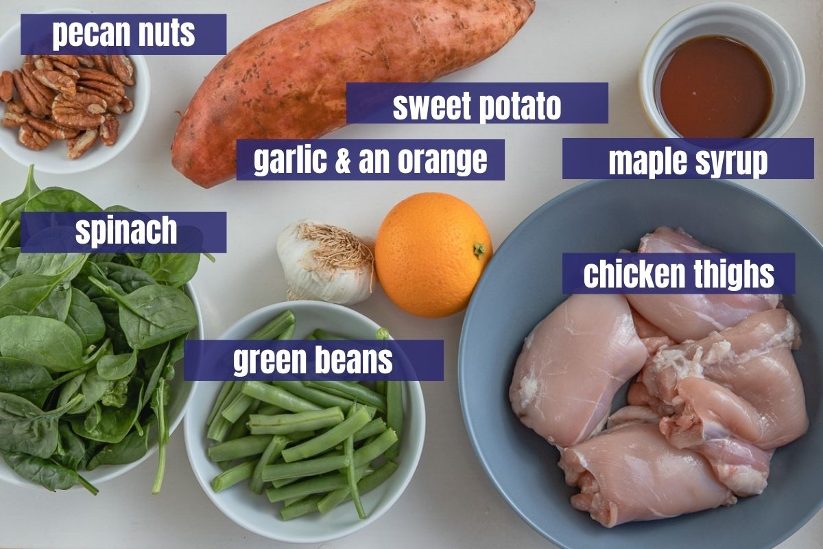 Ingredients for chicken and sweet potatoes with maple orange sauce