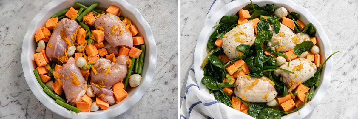 Collage of 2 images showing the ingredients for making chicken and sweet potatoes with maple orange sauce before and after adding the spinach