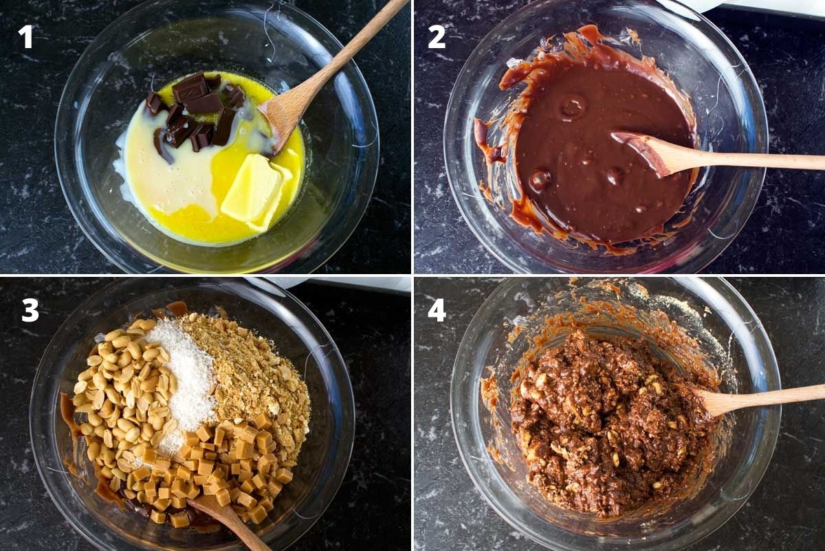 Collage of 4 images showing how to melt the ingredients together to make Hedgehog slice