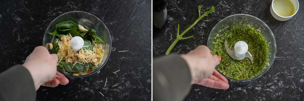 Collage of 2 images showing how to make homemade pesto for a sandwich