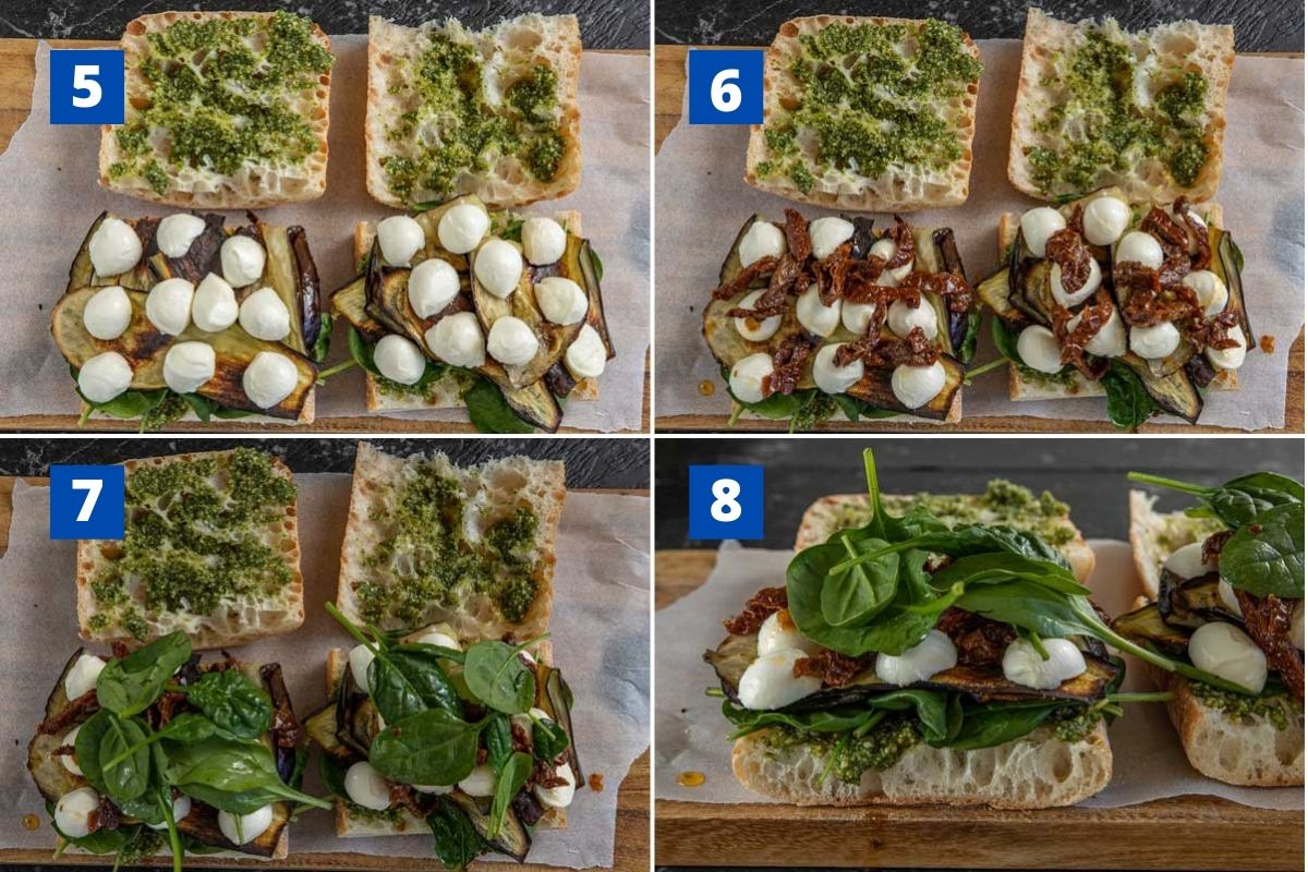 Collage of 4 images showing piling ingredients onto a veggie sandwich with eggplant 