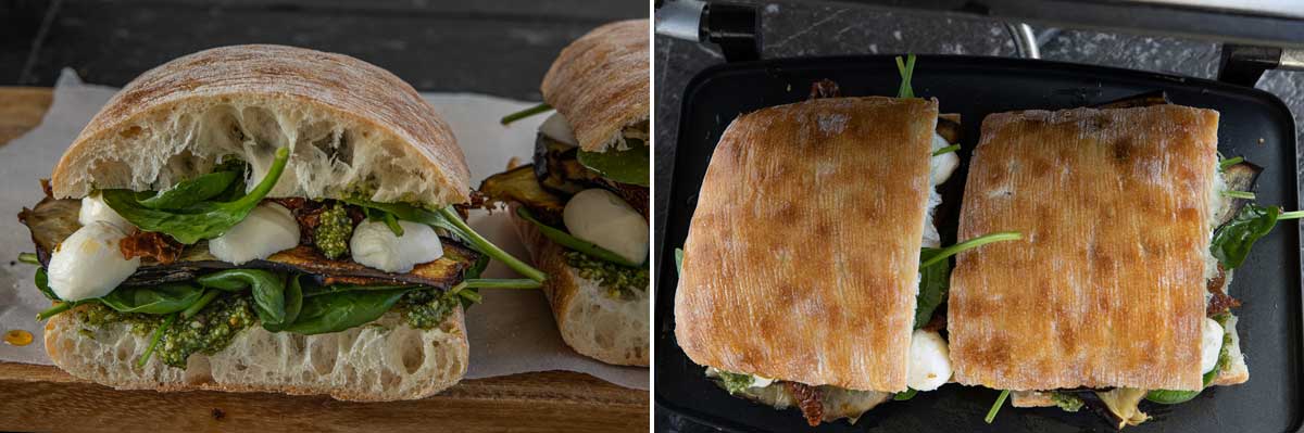 Collage of 2 images showing a sandwich ready for a panini press