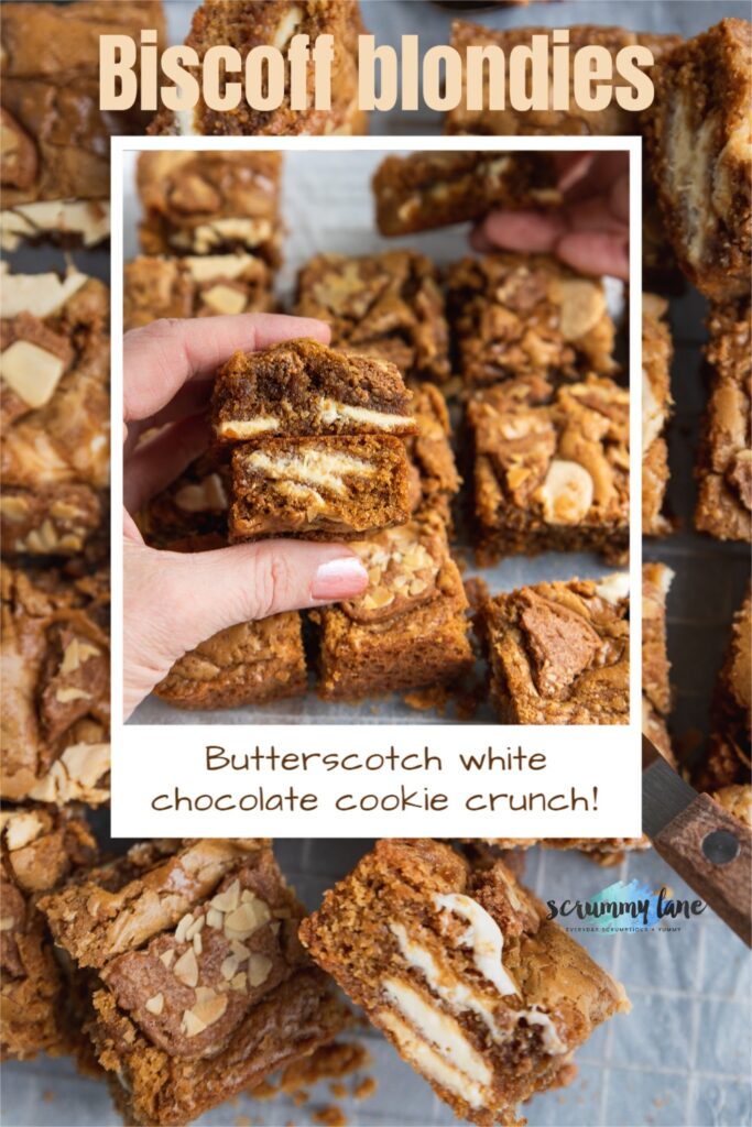 Someone holding 2 Biscoff blondies up so you can see the inside above a whole pan of them. There are 2 images one on top of the other and a title on them for Pinterest.