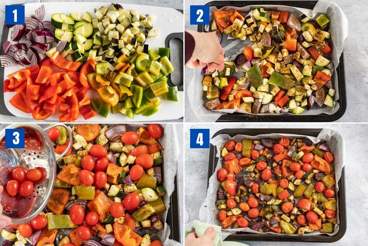 collage of 4 images showing how to prepare, season and roast Mediterranean roast vegetables