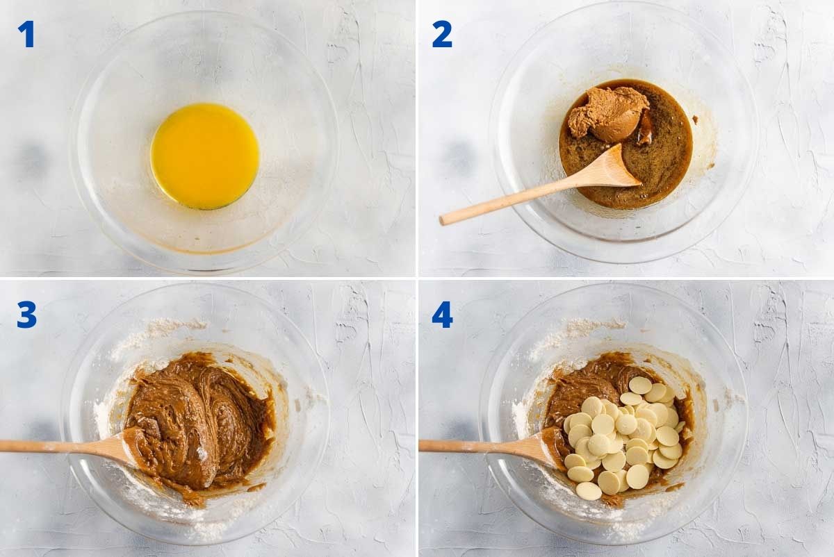 Collage of 4 images showing the first 4 steps to making Biscoff blondies starting with melted butter and then adding in all the other ingredients