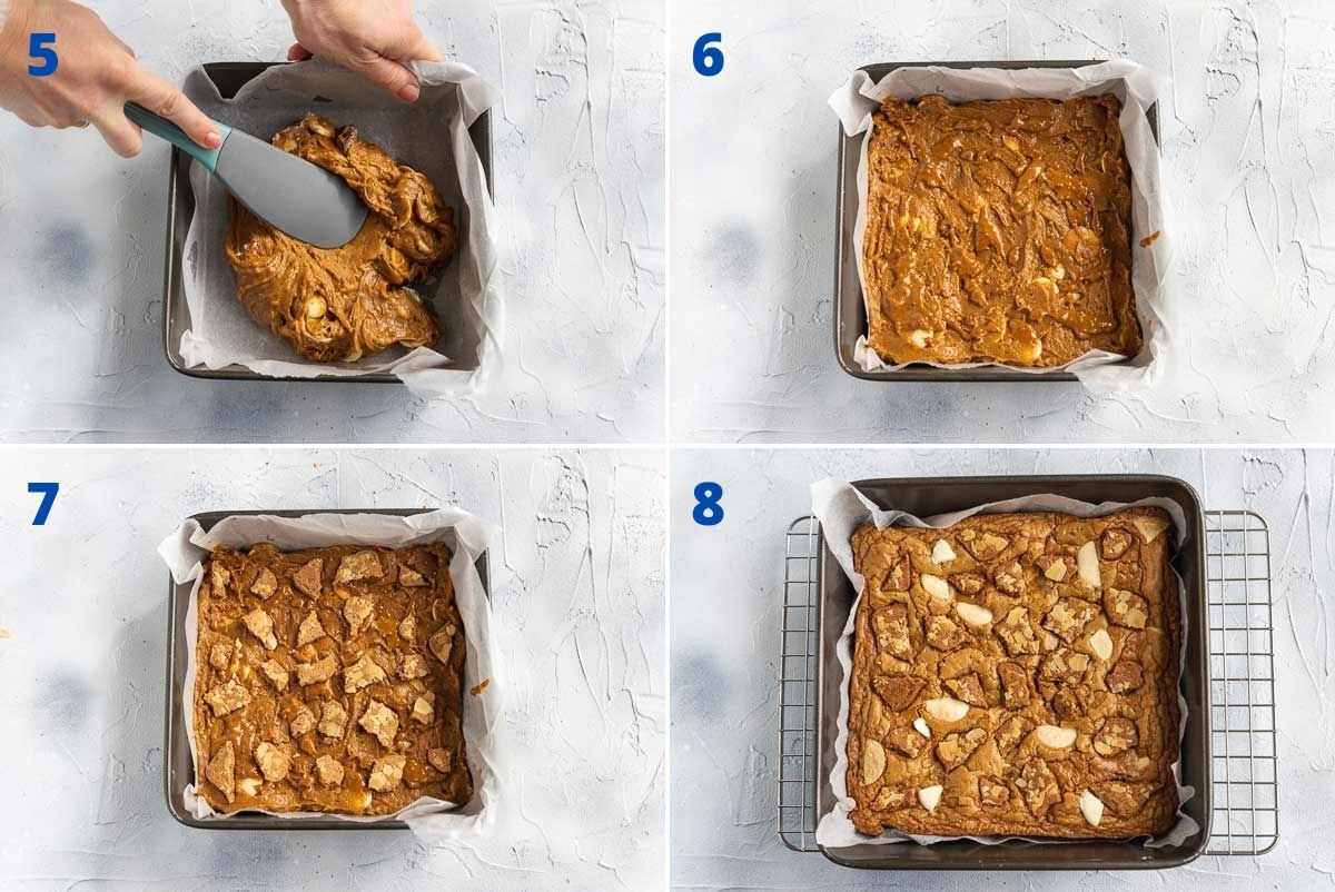 Collage of 4 images showing the last steps to making Biscoff blondies: Smoothing the batter into the pan, decorating and baking