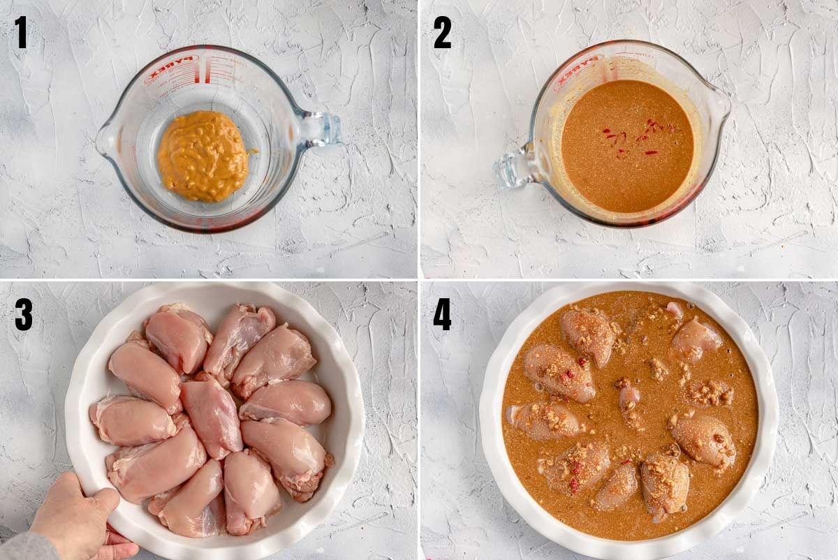 Collage of 4 images showing how to make the sauce for spicy peanut butter chicken and pour it over the chicken in the baking dish
