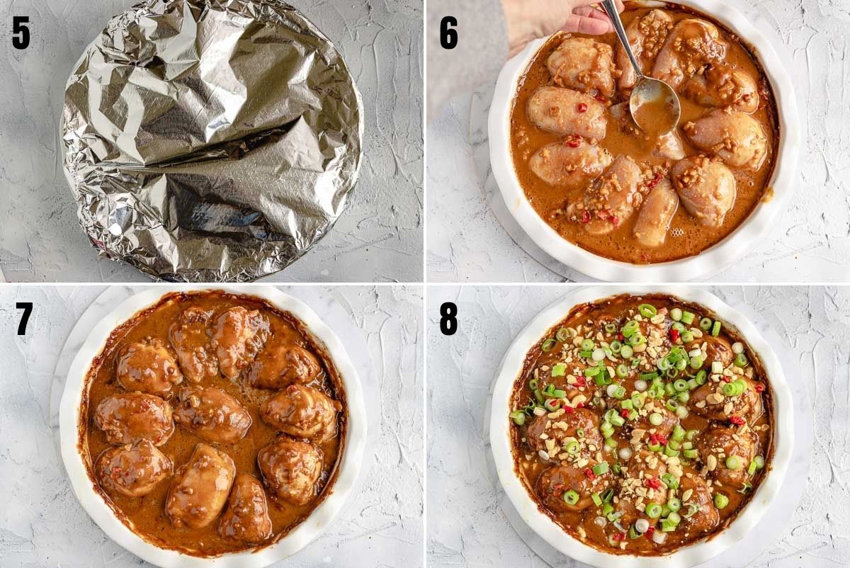 Collage of 4 images showing the final steps to making spicy peanut butter chicken, so covering, baking, spooning over sauce half way through cooking and adding the final toppings