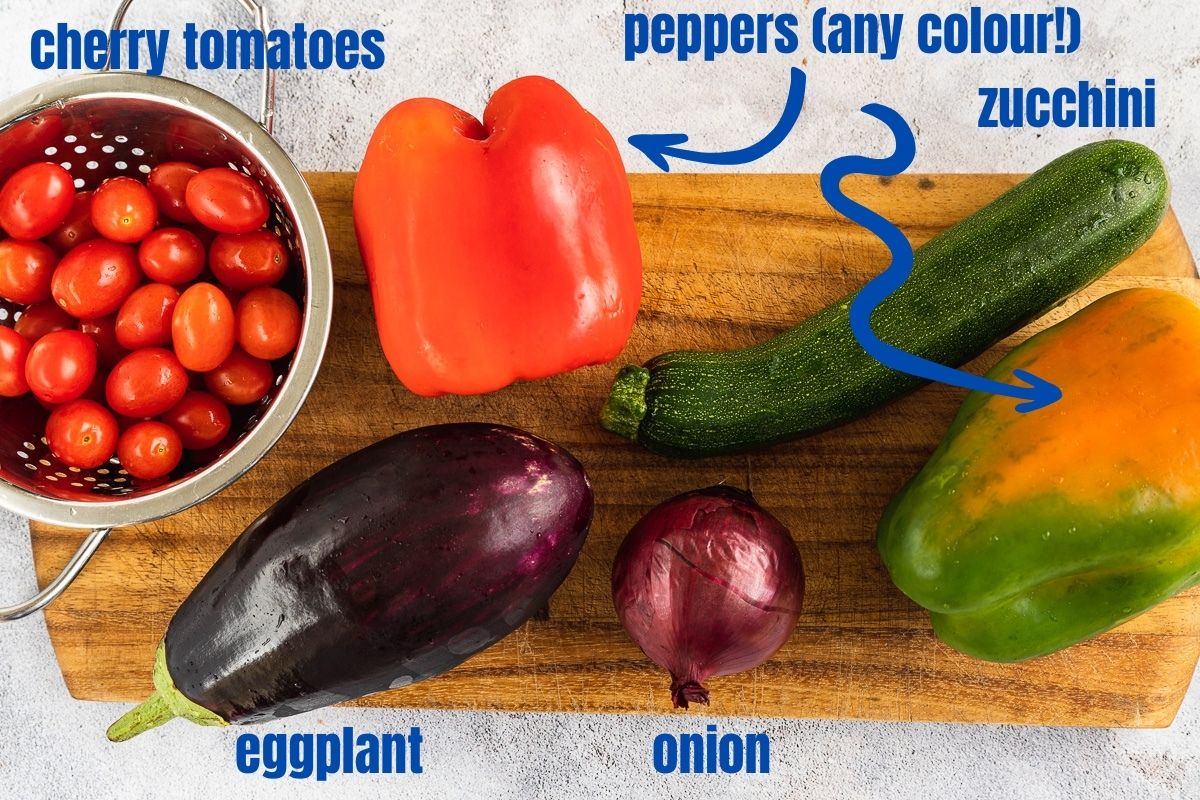 Labelled vegetables used to make Mediterranean roast vegetables: tomatoes, peppers, eggplant, onion, zucchini