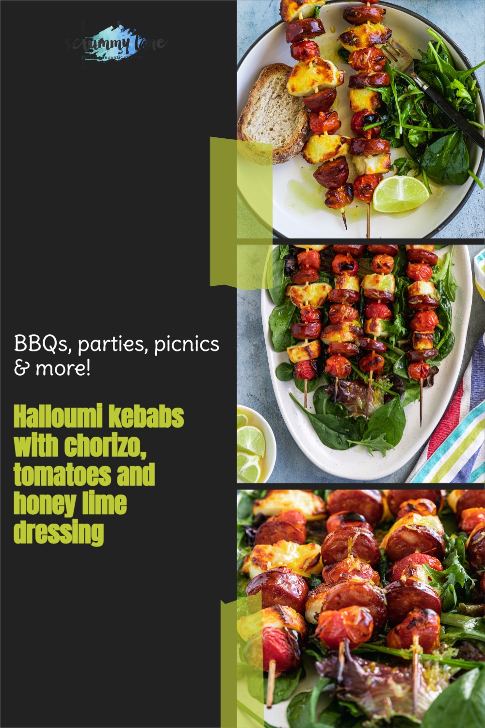 3 different images of halloumi kebabs with honey lime dressing with a title on a black background for Pinterest