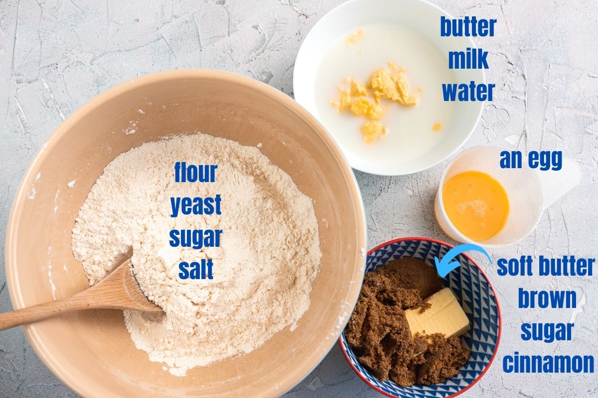 Images of the ingredients needed to make cinnamon scrolls: flour, yeast, sugar, salt, butter, milk, water, an egg, butter, brown sugar, cinnamon