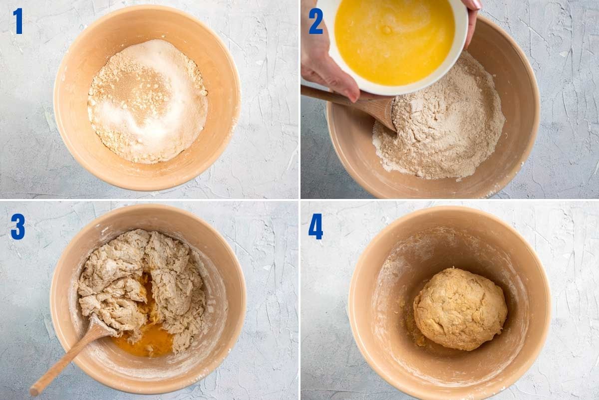 Collage of 4 images showing the first steps in making cinnamon scrolls - mixing the dough ingredients together